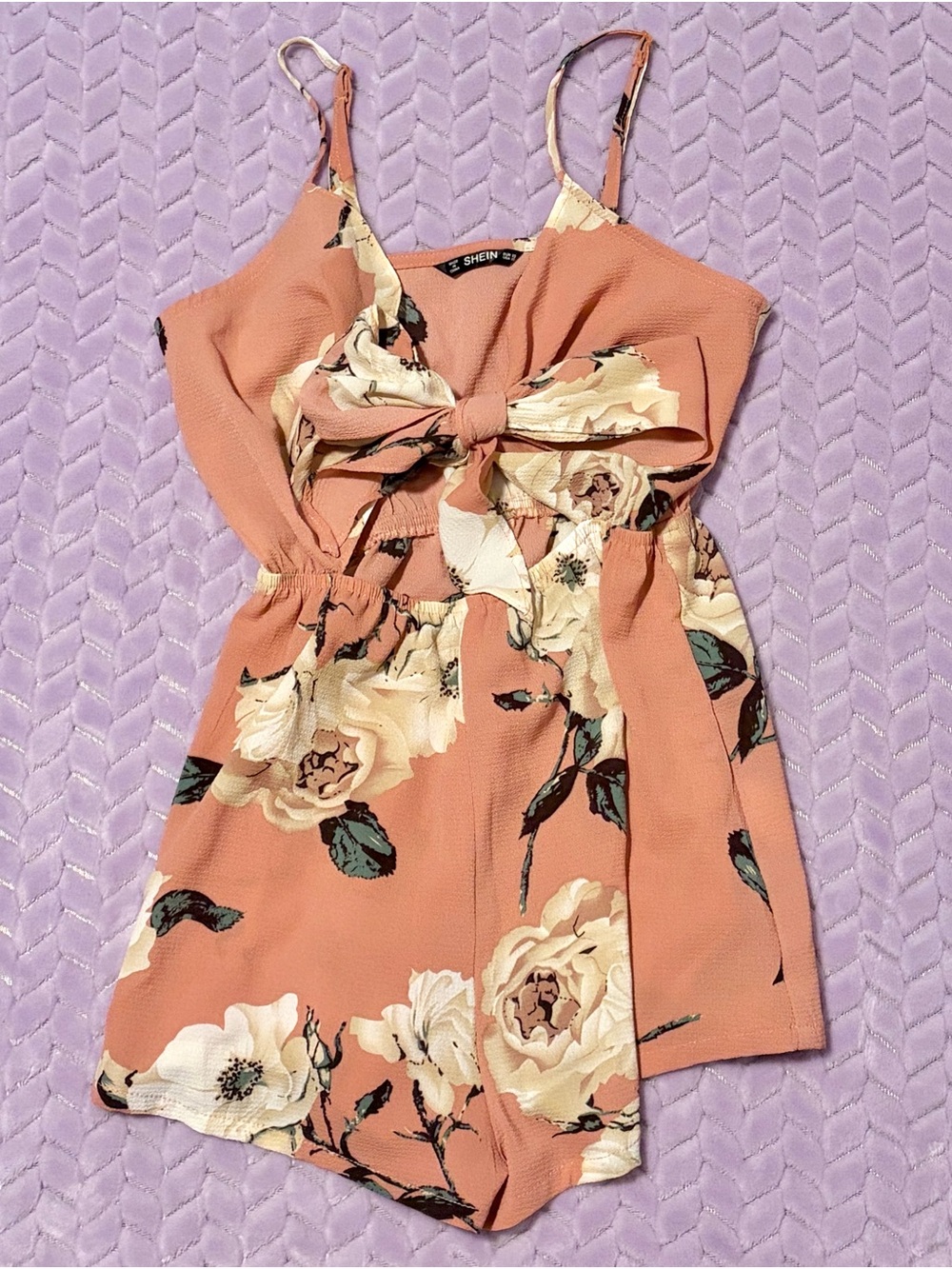 SHEIN Coral Floral Tie-Front Mini Romper